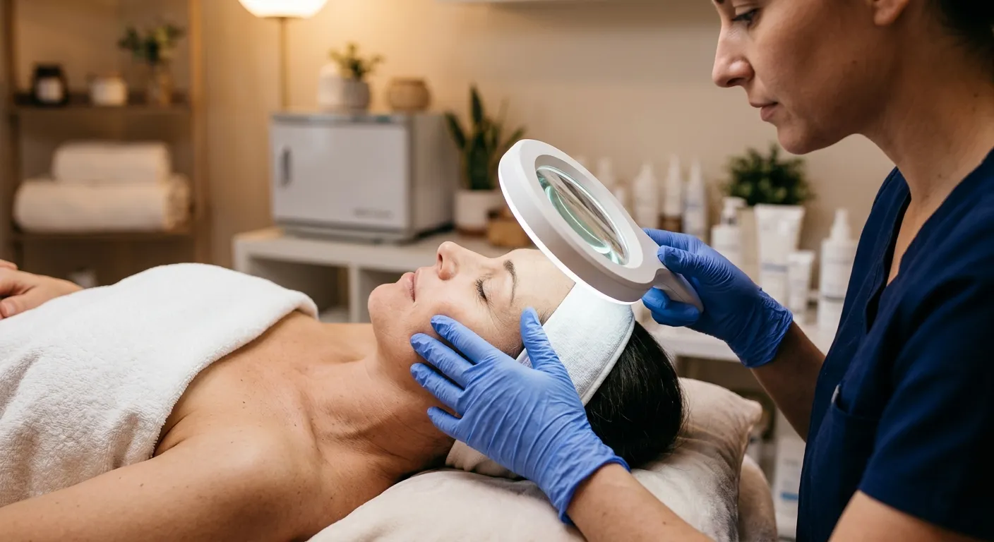 anamnese limpeza de pele: esteticista com luvas avalia a pele da cliente na maca antes da extração