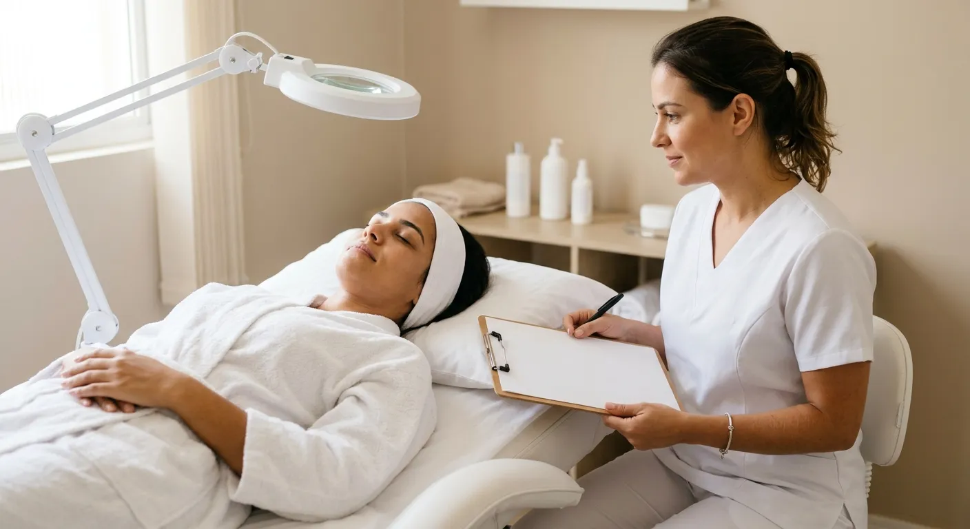ficha de anamnese facial preenchida por esteticista durante a avaliação da pele da cliente