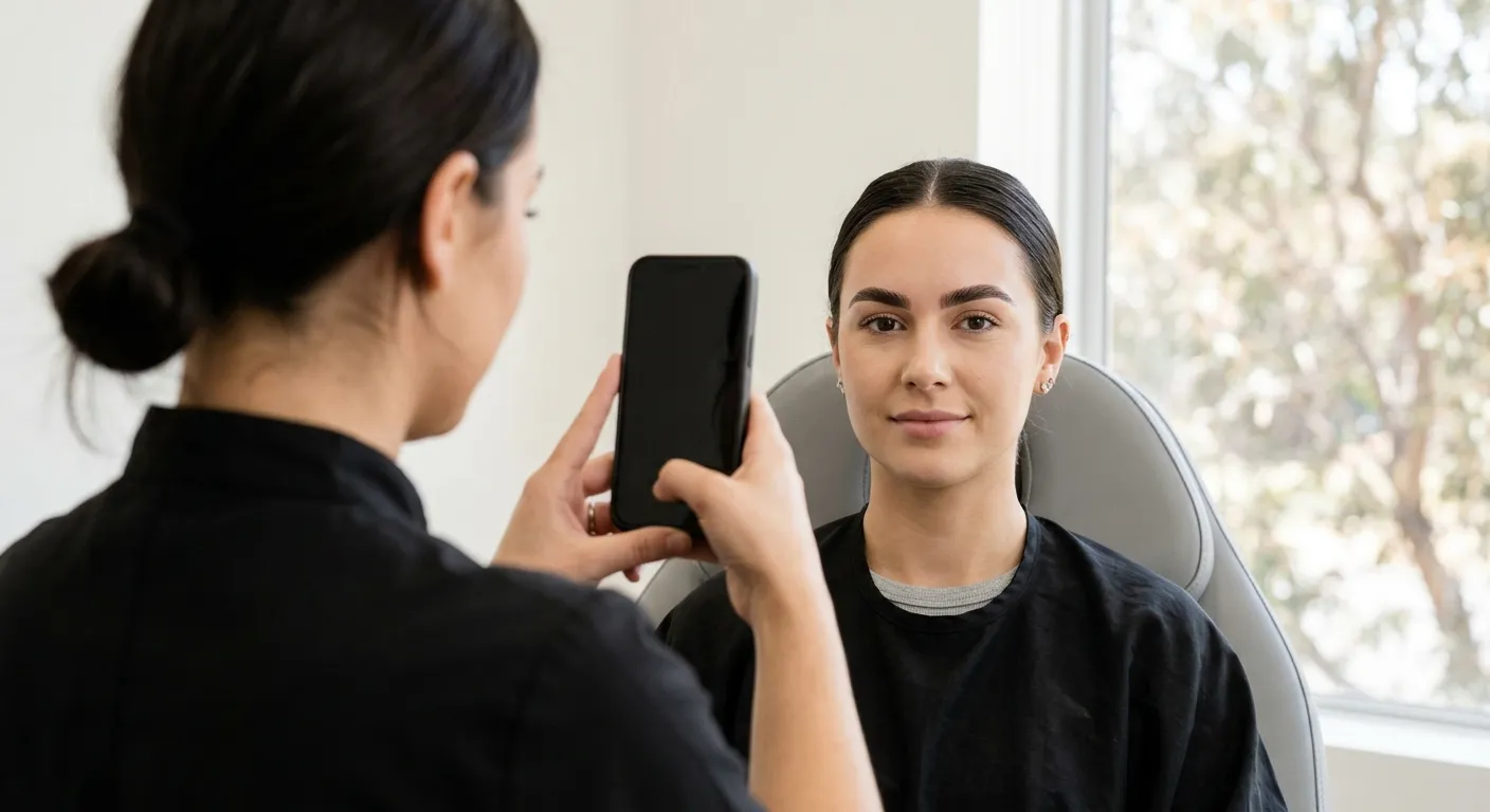 Designer de sobrancelhas fotografando o antes e depois da cliente com luz natural