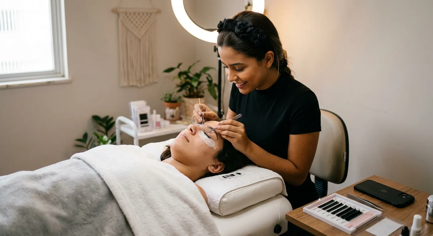 frases para lash designer — profissional aplicando extensão de cílios em uma cliente no estúdio