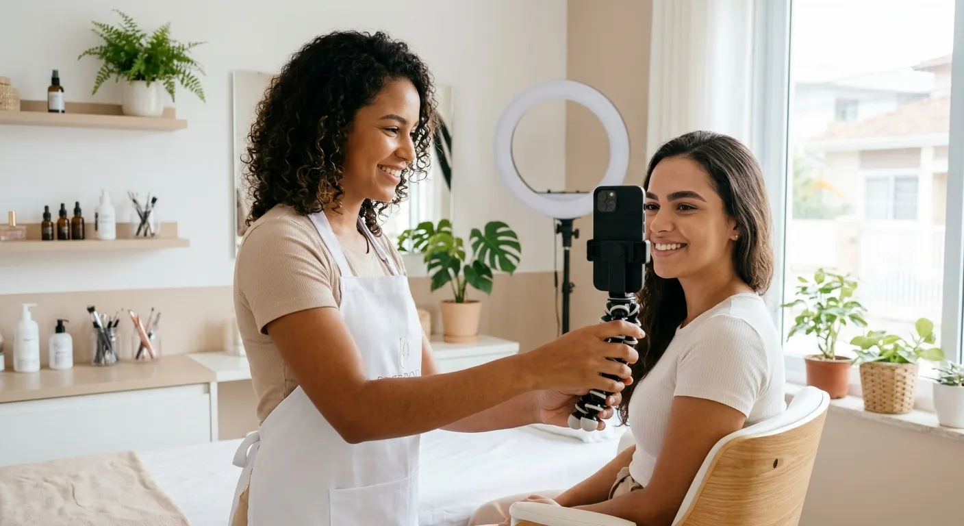 ideias de post para design de sobrancelhas — designer gravando um vídeo da sobrancelha da cliente com o celular no estúdio