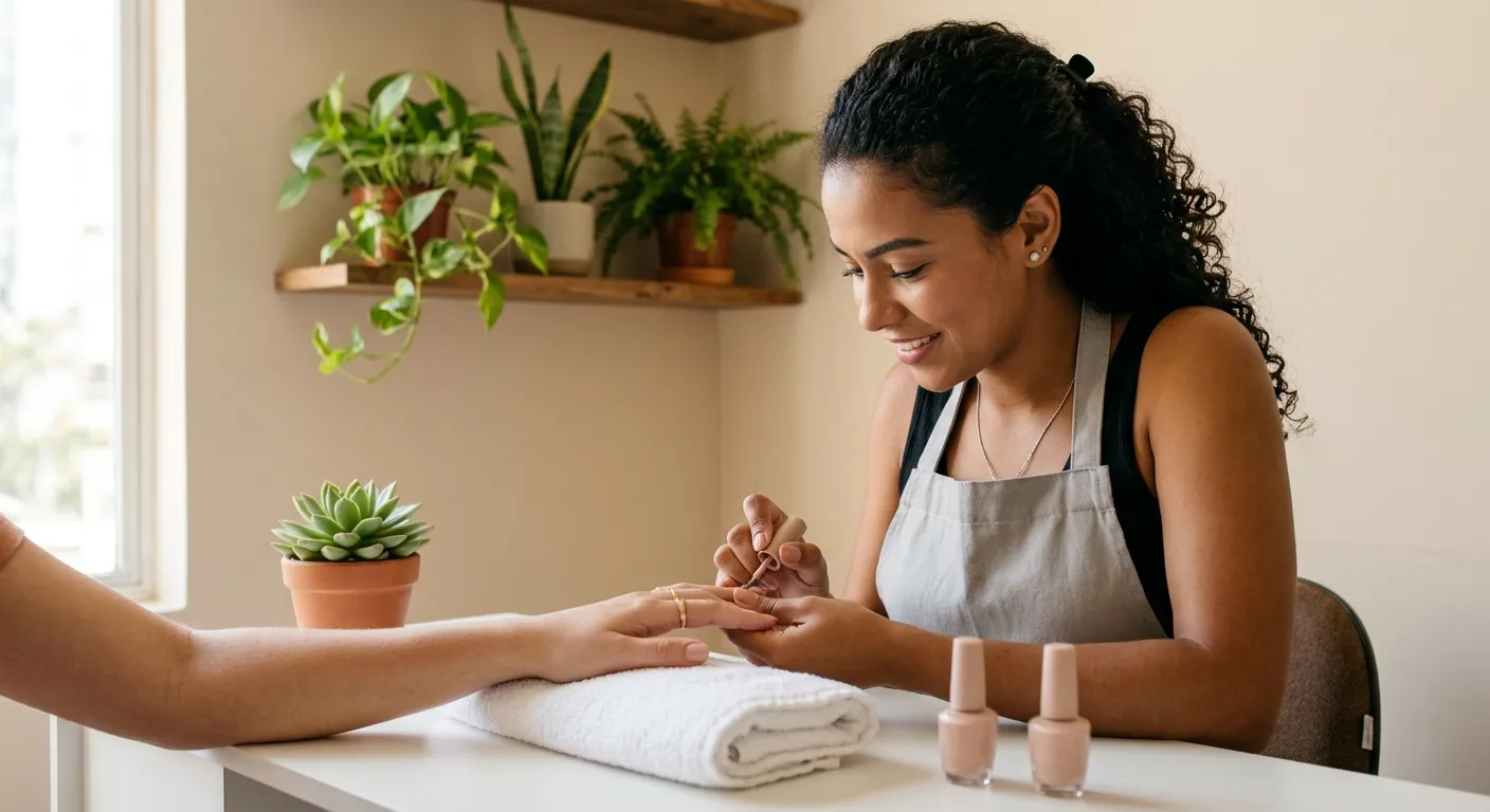 manicure pode ser MEI — manicure autônoma atendendo uma cliente no seu studio