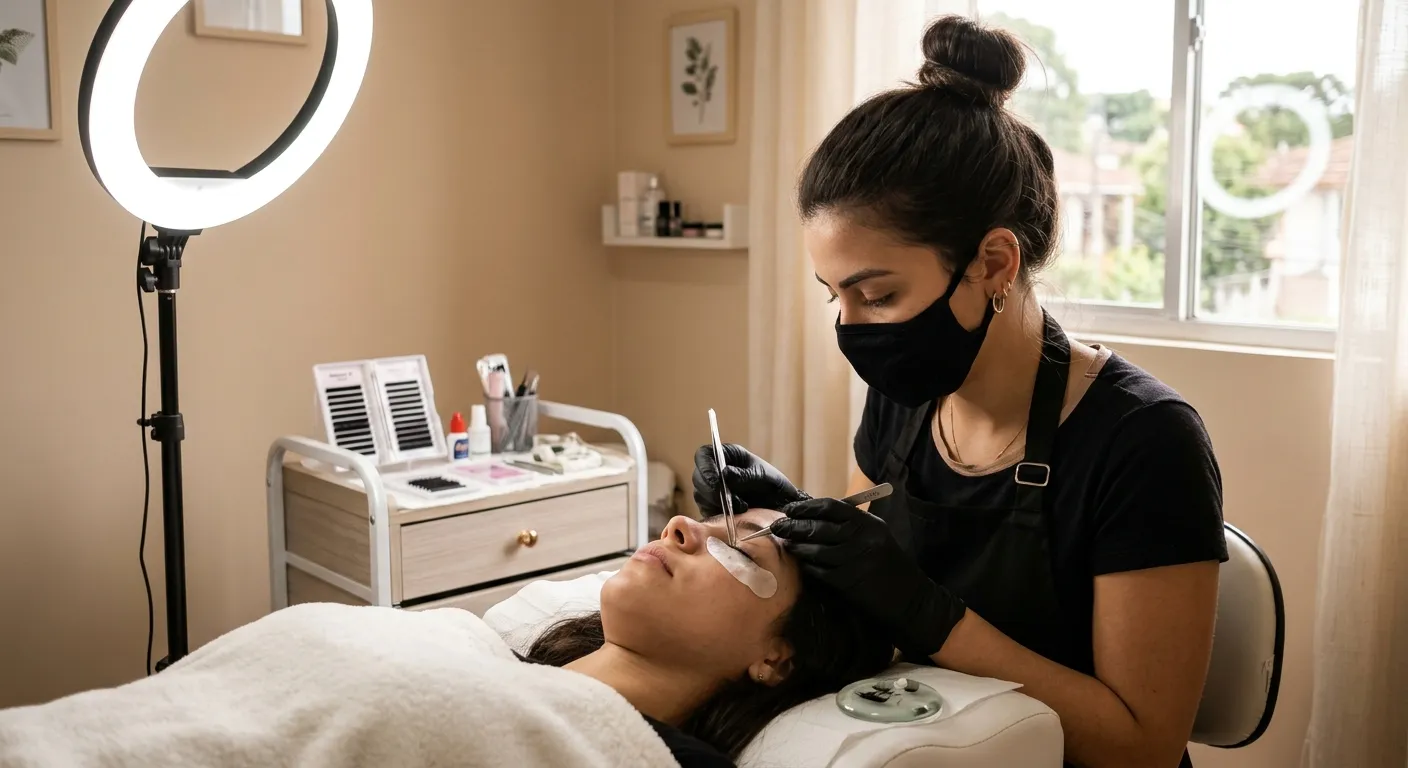 manutenção de cílios — lash designer repondo fios em cliente deitada na maca do studio
