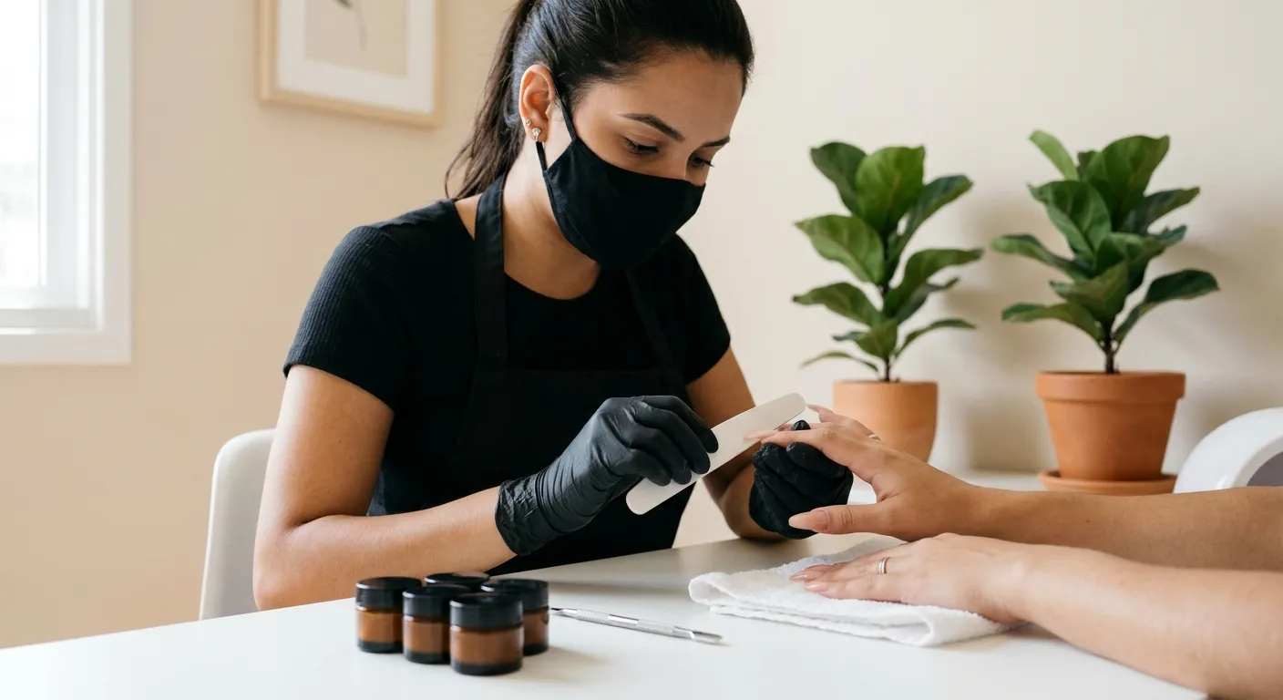 manutenção de unha de gel — nail designer lixando o alongamento em gel de uma cliente no studio