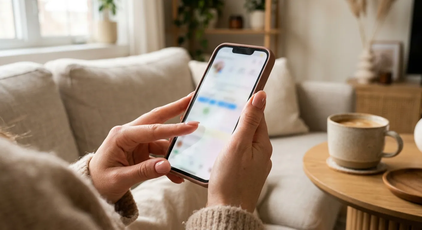mensagem de unhas feitas — cliente com unhas recém-feitas lendo no celular a mensagem da manicure