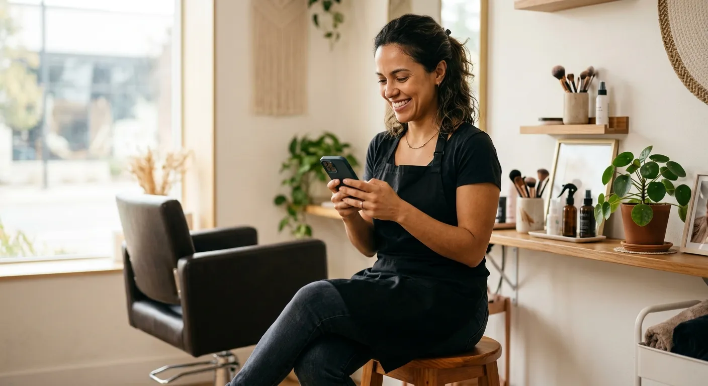 mensagem para clientes sumidos — profissional de beleza enviando mensagem pelo WhatsApp no estúdio