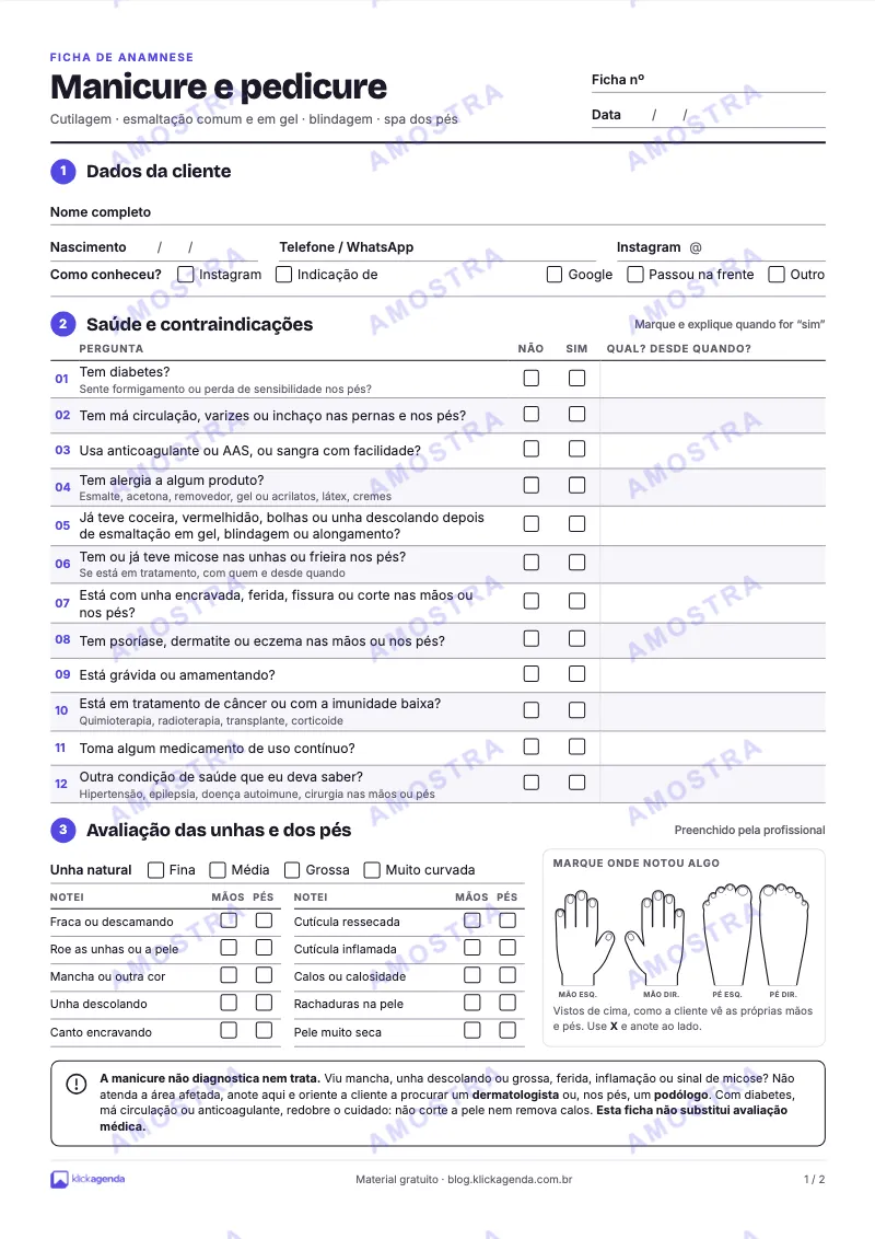 Prévia da ficha de anamnese de manicure e pedicure com dados da cliente e perguntas de saúde
