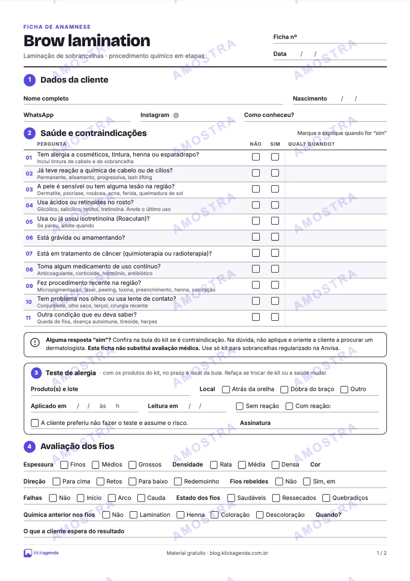 Prévia da ficha de anamnese de brow lamination com dados da cliente, perguntas de saúde e teste de alergia
