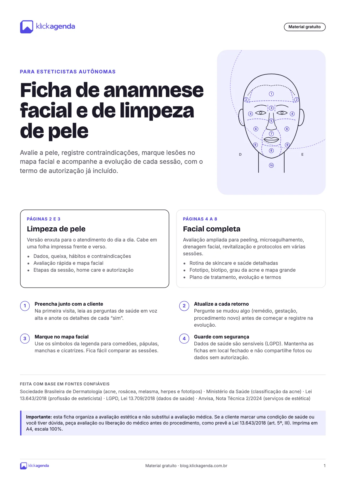 Prévia da ficha de anamnese facial e de limpeza de pele