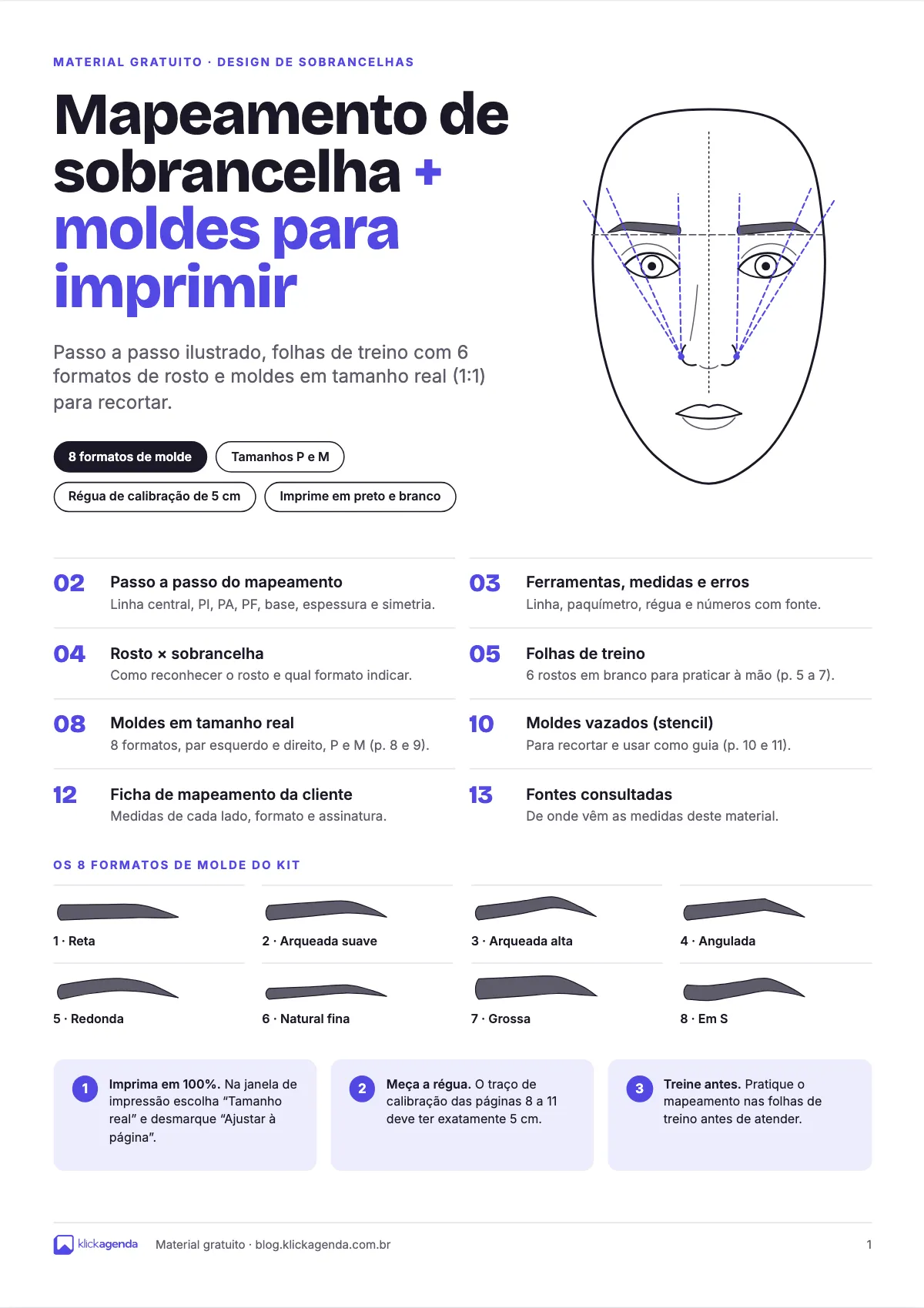 Prévia do mapeamento de sobrancelha com moldes para imprimir