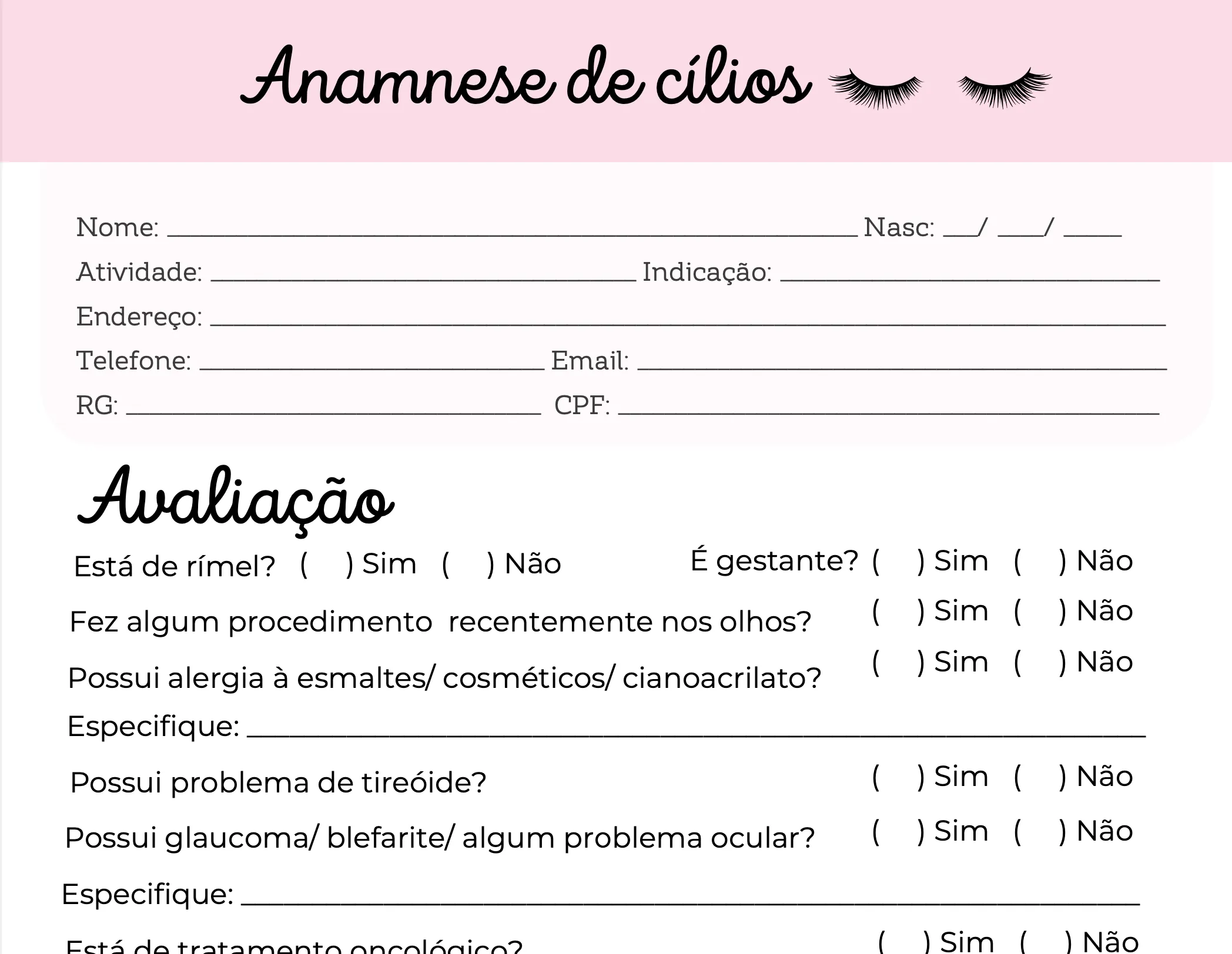 Prévia da ficha de anamnese de cílios com dados da cliente e avaliação