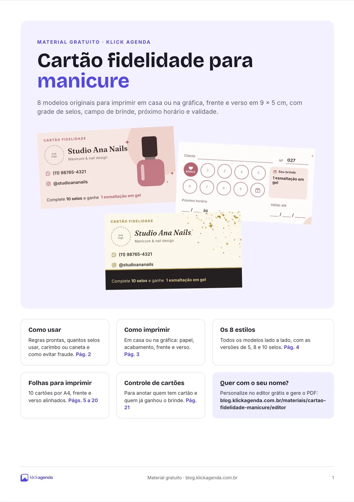 Prévia dos modelos de cartão fidelidade para manicure