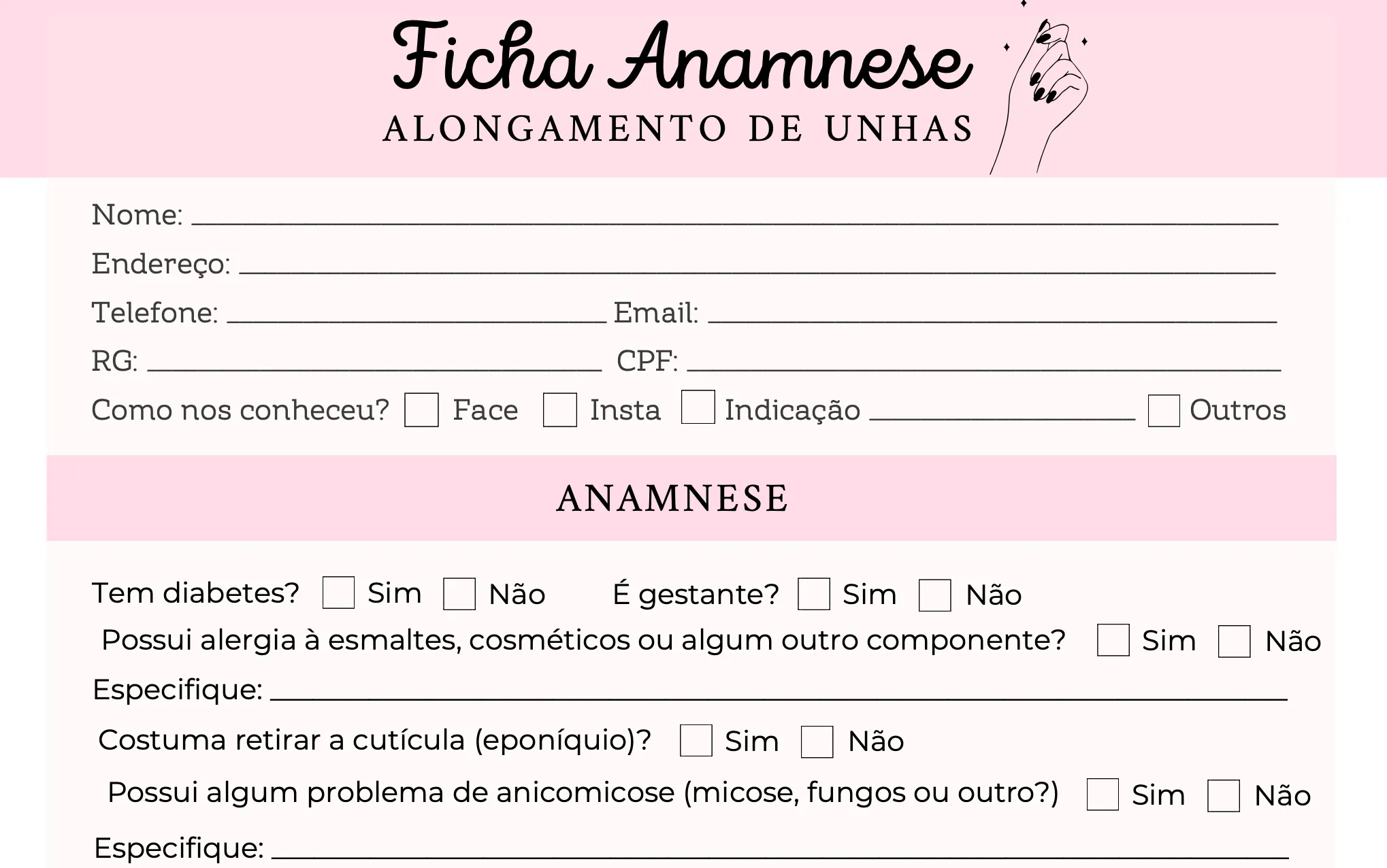 Prévia da ficha de anamnese de alongamento de unhas com dados da cliente e perguntas de saúde
