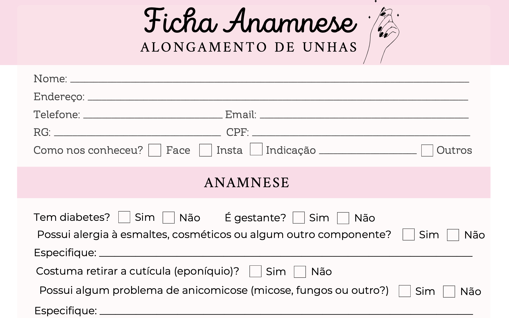 Ficha Anamnese Alongamento Unhas - Nail Desinger 100Folhas