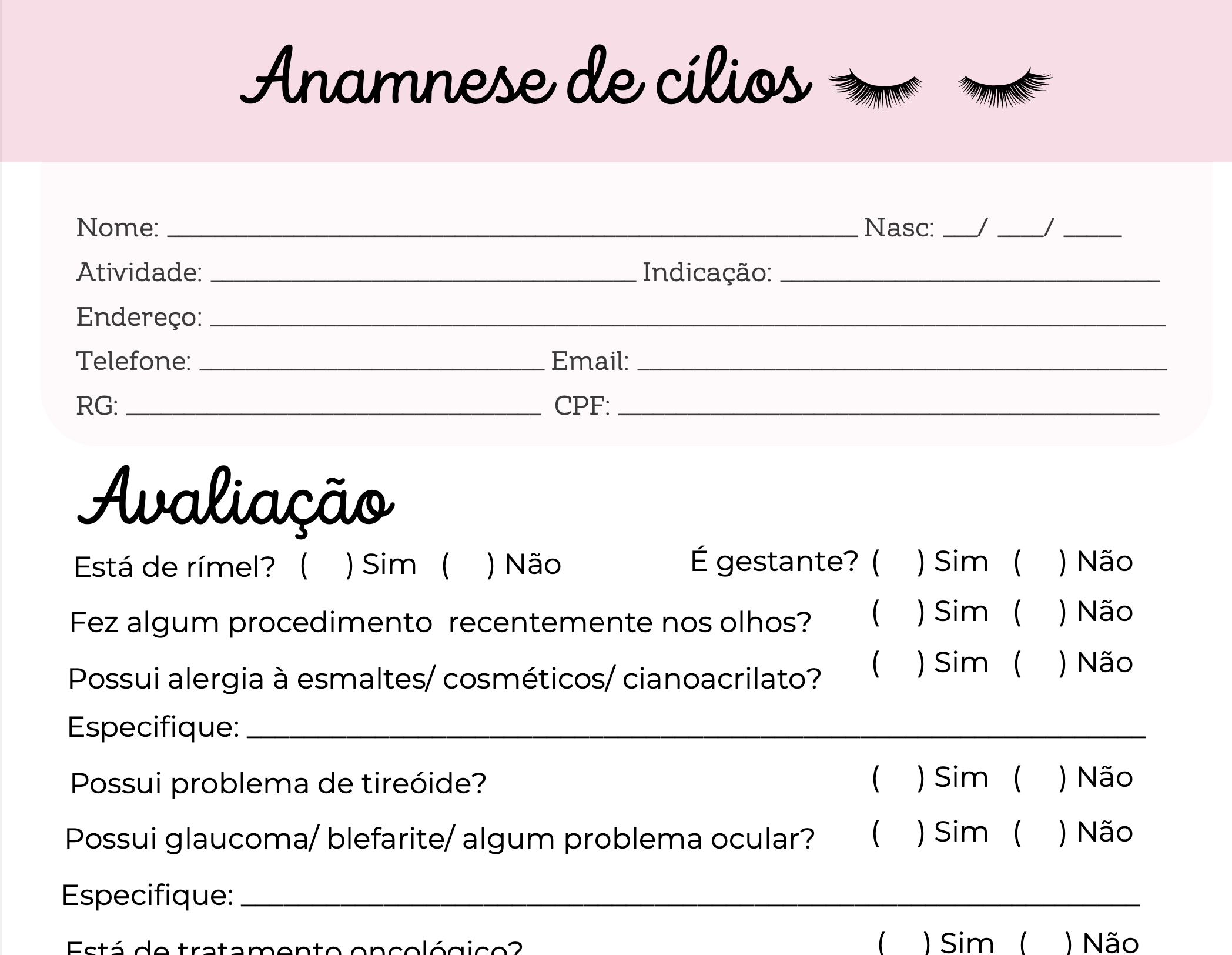 Ficha de Anamnese de Cílios: Baixe Gratuitamente!