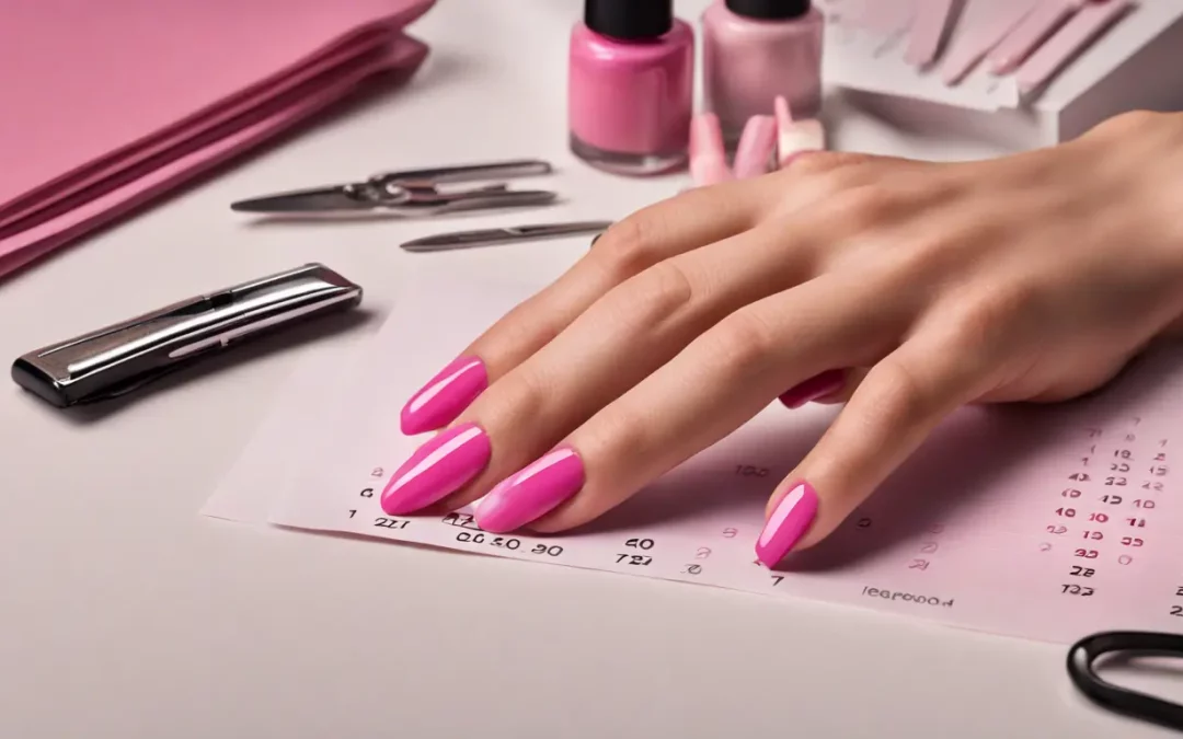 Imagem de mão feminina com unhas estilizadas ao lado de um calendário e kit de manicure, ilustrando o agendamento para Nails Designer.