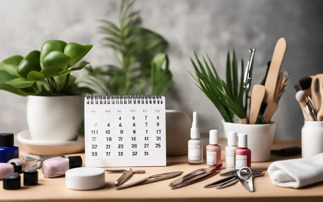 Calendário branco em uma mesa de madeira cercado por ferramentas de manicure, como garrafas de esmalte em várias cores, lixas e alicates, com uma planta verde tranquila em um vaso de cerâmica branca a